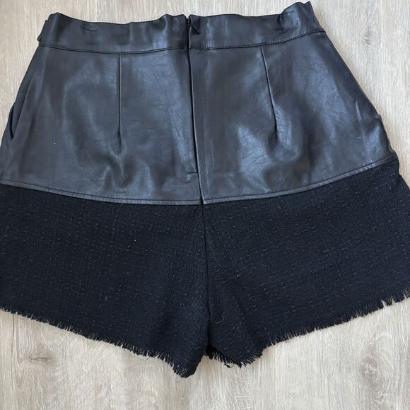 DO+BE Faux Leather Belted Black Tweed Shorts L High Waist Fringe Hem Biker Chic - Picture 5 of 9